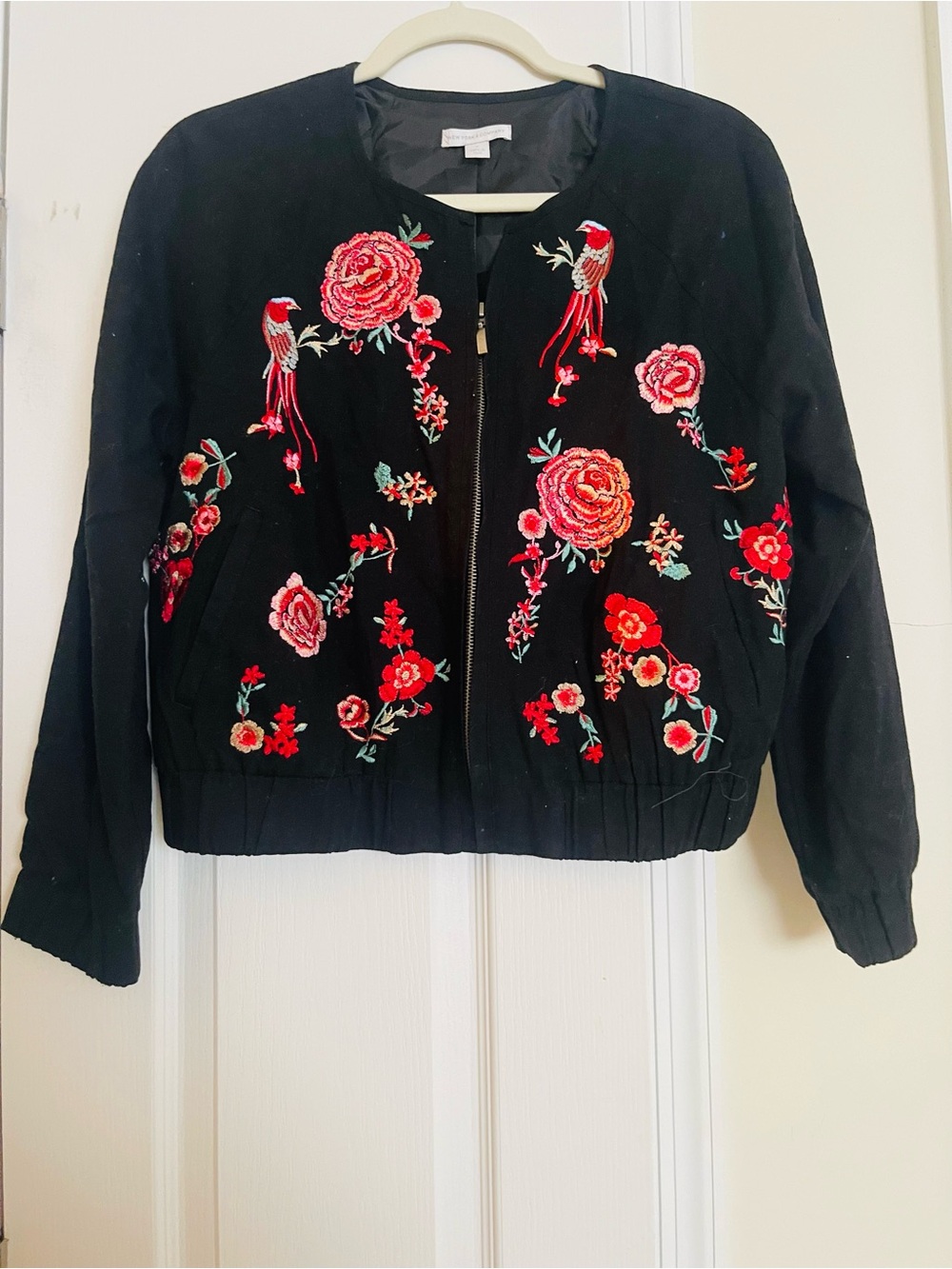 New York & Company Black Bomber Jacket with Red Floral Embroidery